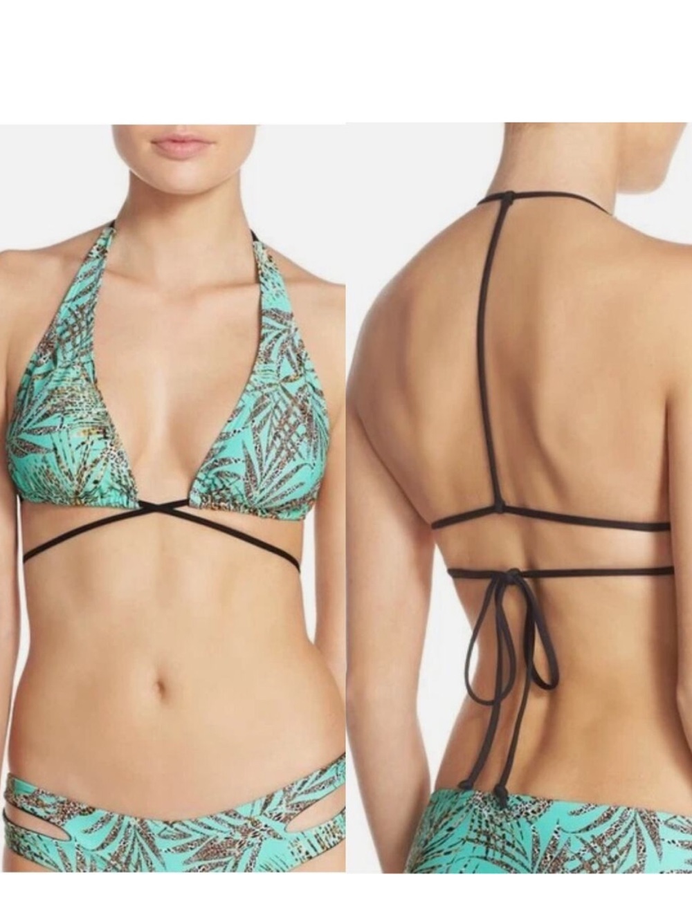 L*Space Teal Palms & Pool Leopard Print Strappy Triangle Bikini Top Size XS